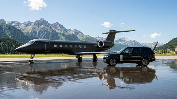 Private jet and luxury SUV on the tarmac.