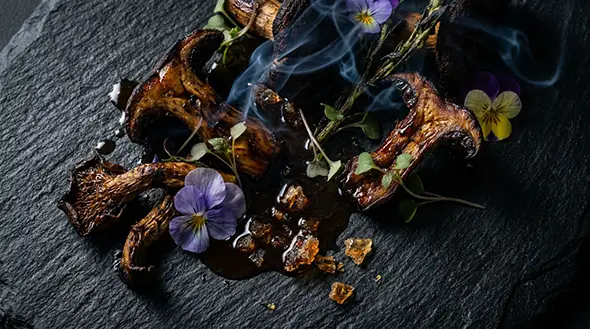 Alpine mushroom dish with smoke at a gourmet festival.