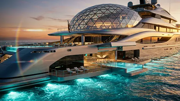 Superyacht with a glass dome and an open beach club on the water.