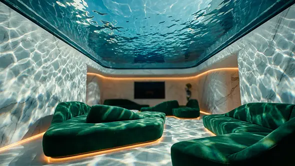 Yacht lounge area with a transparent pool bottom ceiling.
