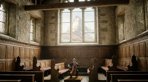 A musician playing the cello in an old church against a mountain scenery background.