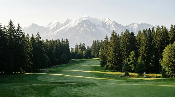 Mont d Arbois golf course in Megeve with the snow-covered Mont Blanc backdrop