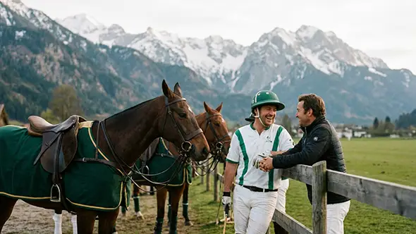 Polo players with horses against the Alps at Hublot Polo Gold Cup in Gstaad.
