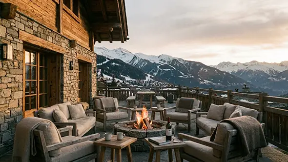 Cozy luxury chalet terrace with a fire pit in Verbier.