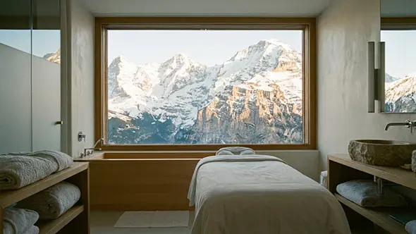Luxury spa treatment room with panoramic views of the Swiss Alps in Gstaad.