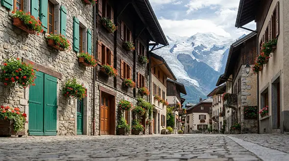 Megeve street with traditional chalets and a view of the Mont Blanc peak