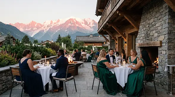 Guests dining on an outdoor restaurant terrace in Megeve on a summer evening