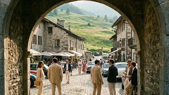 View through a stone archway of the busy center of Megeve village in summer
