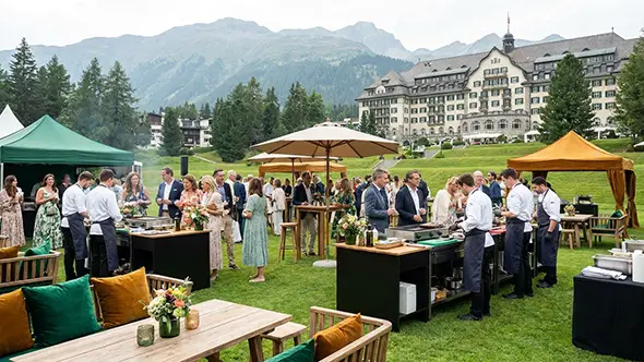 Garden Party with live cooking stations on Suvretta House lawns.