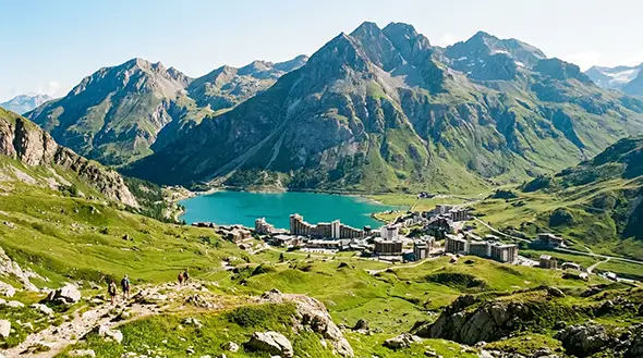 View of Tignes le Lac from a mountain trail.