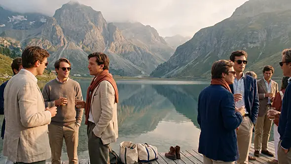 Summer festival evening by Tignes lake in the French Alps.