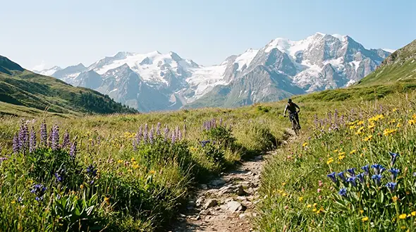 Mountain biker on a trail in Tignes bike park.