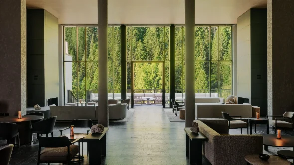 Il Salotto lounge at Aman Rosa Alpina with full-height windows onto the forest