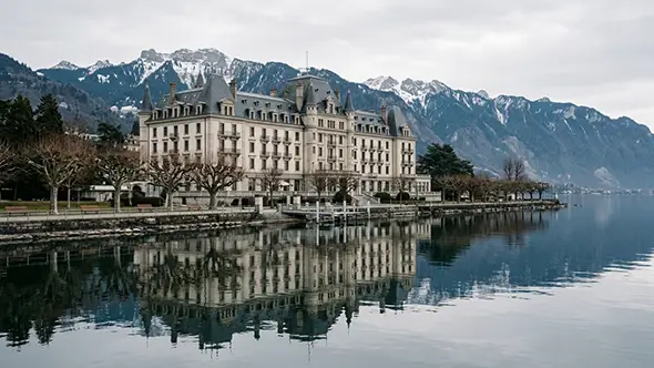 Belle Epoque lakeside hotel in Switzerland reflected in still water below snow-covered mountains