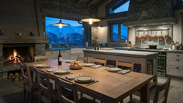 Chalet kitchen and long dining table laid for dinner, fire lit, mountains through the window