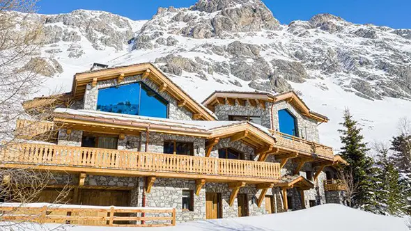 Exterior of chalet Orca in snowy Val d-Isere.