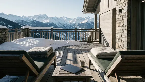Sunlit chalet terrace with loungers, a laptop and a cup, snow-covered peaks in the distance