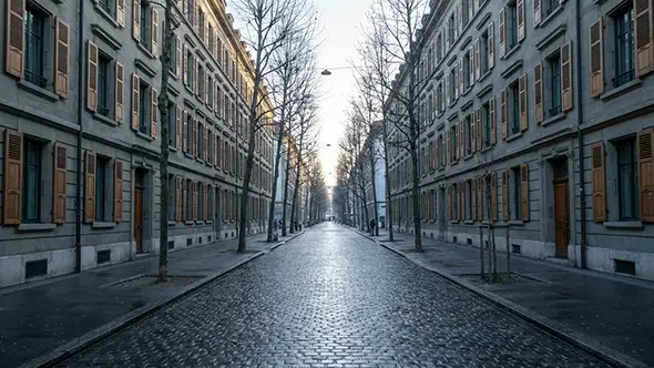 Empty cobbled Geneva street between classical shuttered facades on a winter morning