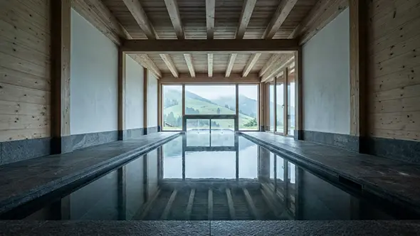 Dark stone indoor pool under timber beams framing a green hillside through the window