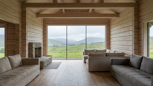 Timber-lined lounge with a stone fireplace and a glass wall onto green Swiss hill country