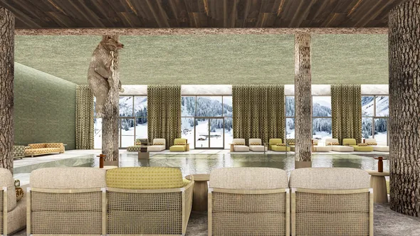 Indoor pool with a carved wooden bear and loungers facing the snow at Barma, Courchevel La Tania