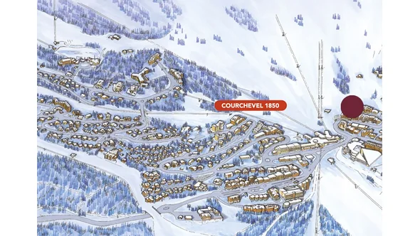 Illustrated map of Courchevel 1850 marking the position of Bourbon Hotel above the village