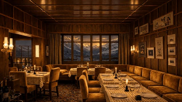 Dining room of the Simonetta restaurant with velvet banquettes and windows onto the mountains, Bourbon Hotel Courchevel