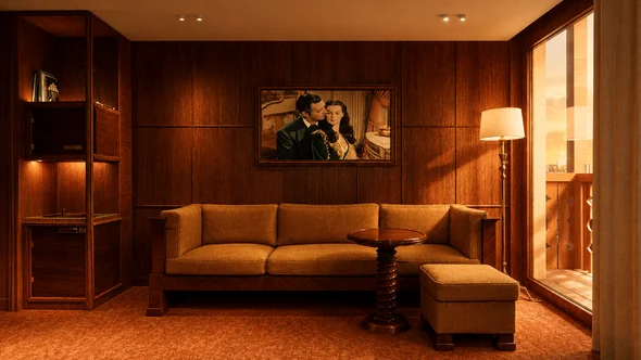 Sitting area with a velvet sofa, minibar cabinet and a window onto the balcony at Bourbon Hotel Courchevel