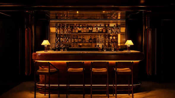 Cocktail and vinyl bar with a backlit bottle wall and leather stools at Bourbon Hotel Courchevel