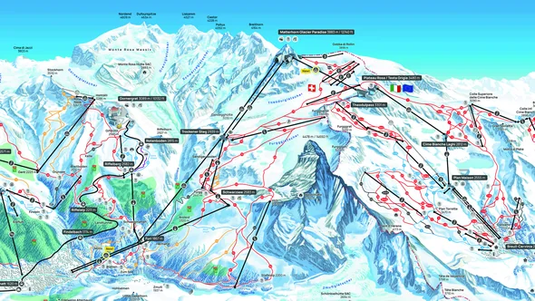 Piste map of Cervino Ski Paradise with the Matterhorn between Zermatt and Breuil-Cervinia