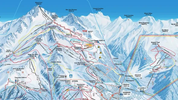 Piste map of the Verbier sector of the 4 Vallées, from Mont-Fort down to Verbier and Le Châble