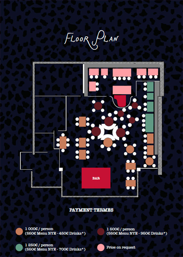 Floor plan and New Year’s Eve menu prices at Django Courchevel 1850. / План залов и стоимость новогоднего меню в Django Куршевель 1850.