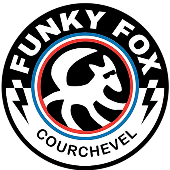 Round Funky Fox logo with black, white, red, and blue concentric circles and a white stylized figure of an octopus (or other sea creature) wearing sunglasses, with the inscription Funky Fox Courchevel.