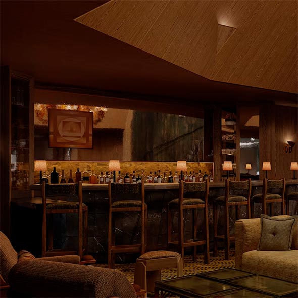 Elegant bar counter of L’Apogée Club in dim light: dark marble or stone counter, tall stools with dark upholstery, shelves with drinks, and small table lamps creating a cozy and intimate atmosphere.