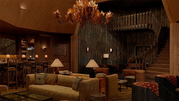 Warm interior of the L’Apogée Club lounge bar, done in an alpine style: wooden walls, high vaulted ceiling, wooden bar counter with high stools, soft seating in the center, and a massive dark wood chandelier.