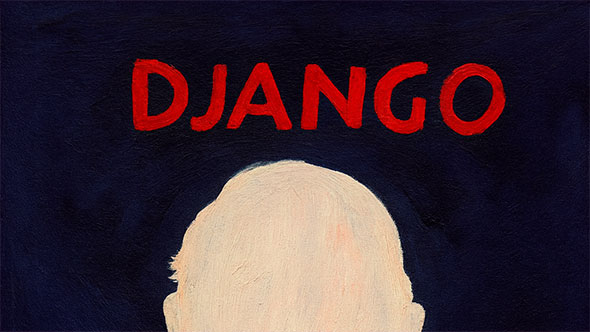 Primitivist-style painting or poster with a large red title 