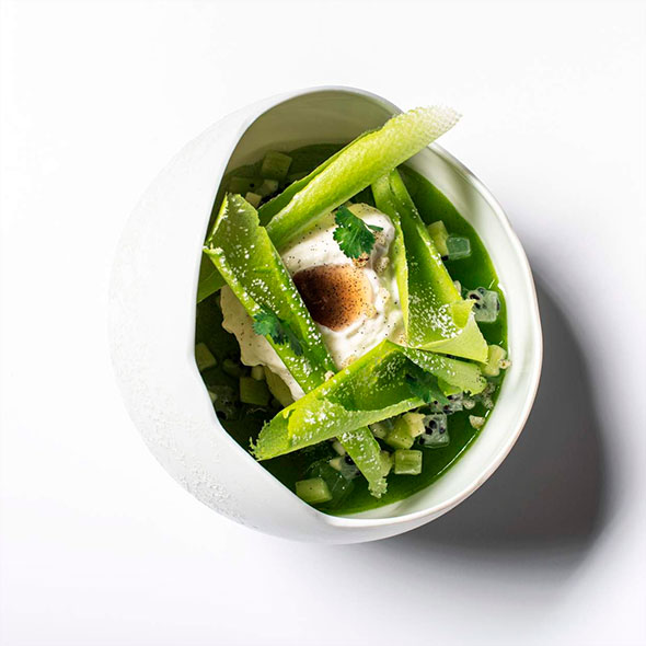 Dessert or signature dish at Le Sarkara restaurant (2 Michelin stars): green puree with fruit pieces and whipped cream in an elegant white asymmetric bowl.