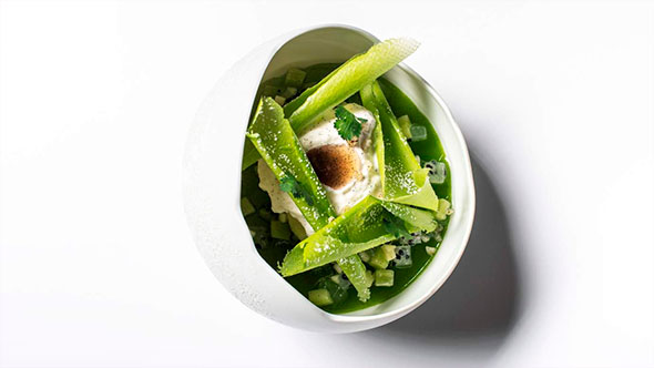 Exquisite dessert or vegetarian dish: green composition of fresh vegetable pieces, garnished with cream/mousse, topping, and crispy green petals, served in an asymmetric white bowl