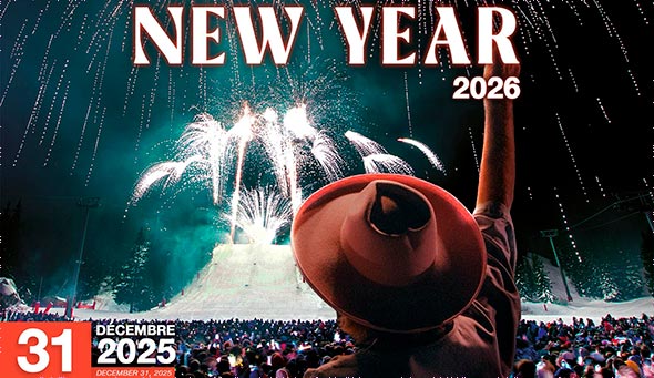 New Year 2026 celebration in Courchevel 1850 with a grand fireworks display and an open-air party at Front de Neige.