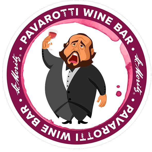 Pavarotti Wine Bar logo: a caricature of an opera singer holding a glass of wine in a circular frame with purple wine stains and the inscription 