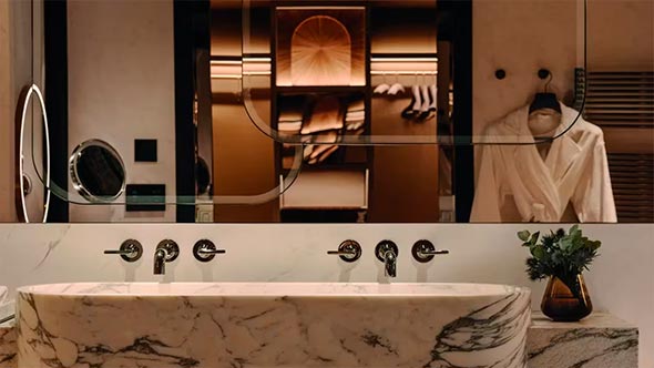 Luxury bathroom at Rosewood Courchevel Luxury bathroom at Rosewood Courchevel featuring natural marble finishes and modern design.
