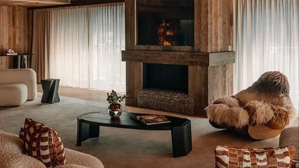 Signature House interior at Rosewood Courchevel Interior of a Signature House at Rosewood Courchevel, blending alpine chalet elements with modern luxury.