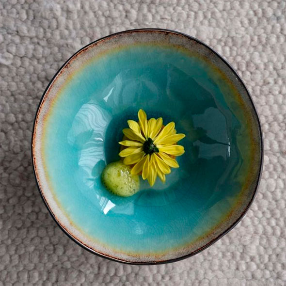 Tasting dish (soup or emulsion) with a yellow flower in a turquoise ceramic bowl on a wool background.