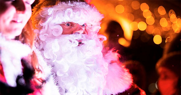 Father Christmas arrival in Méribel Centre by horse carriage with Gustave the reindeer and Elfyzarines