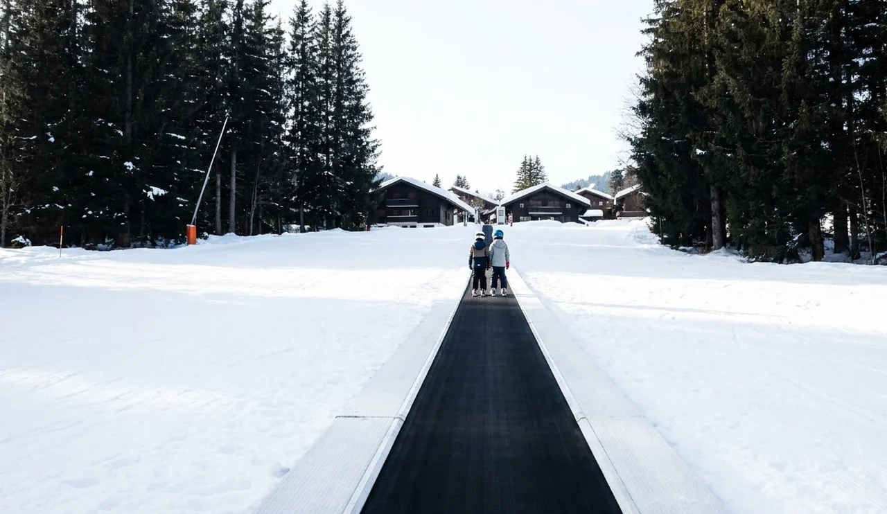 Free beginner carpet lift beside a forested village in Courchevel