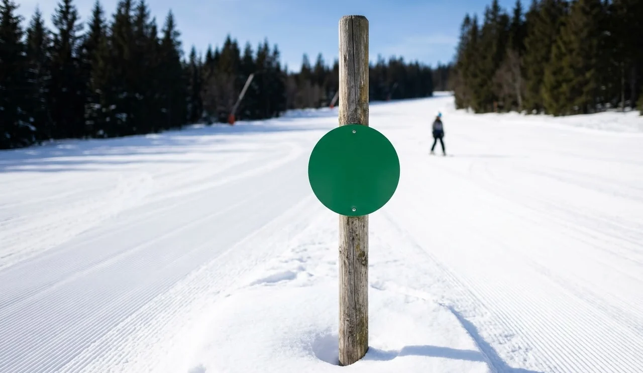 Green piste marker post beside a gentle groomed slope in the French Alps
