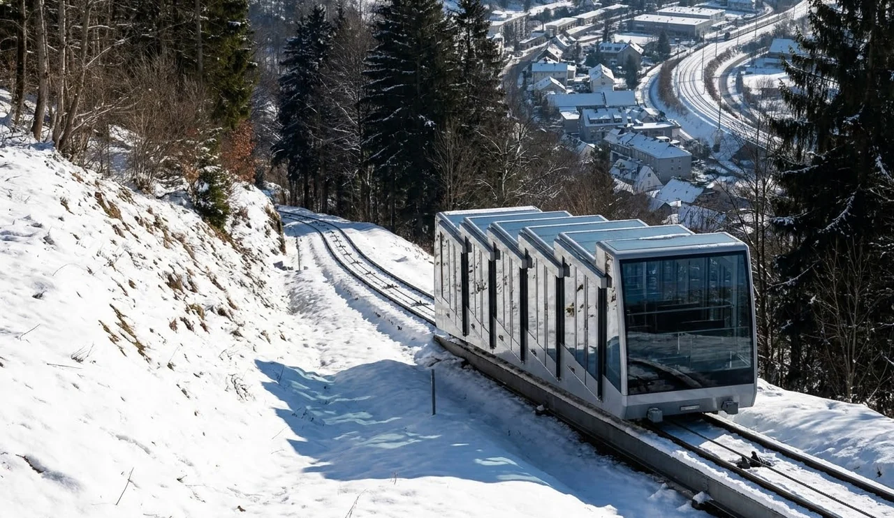 Mountain funicular climbing from the valley to a ski resort in the French Alps