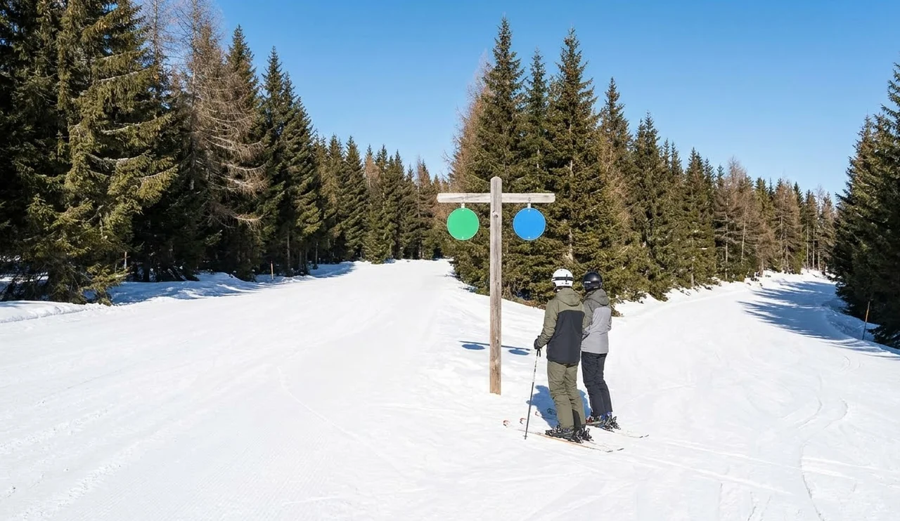 Green and blue runs dividing in the forest above Méribel