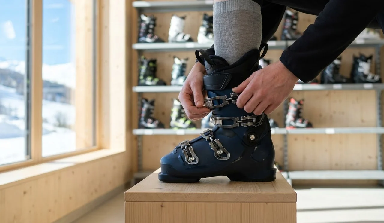 Ski boots being fitted in a rental shop in a French alpine resort