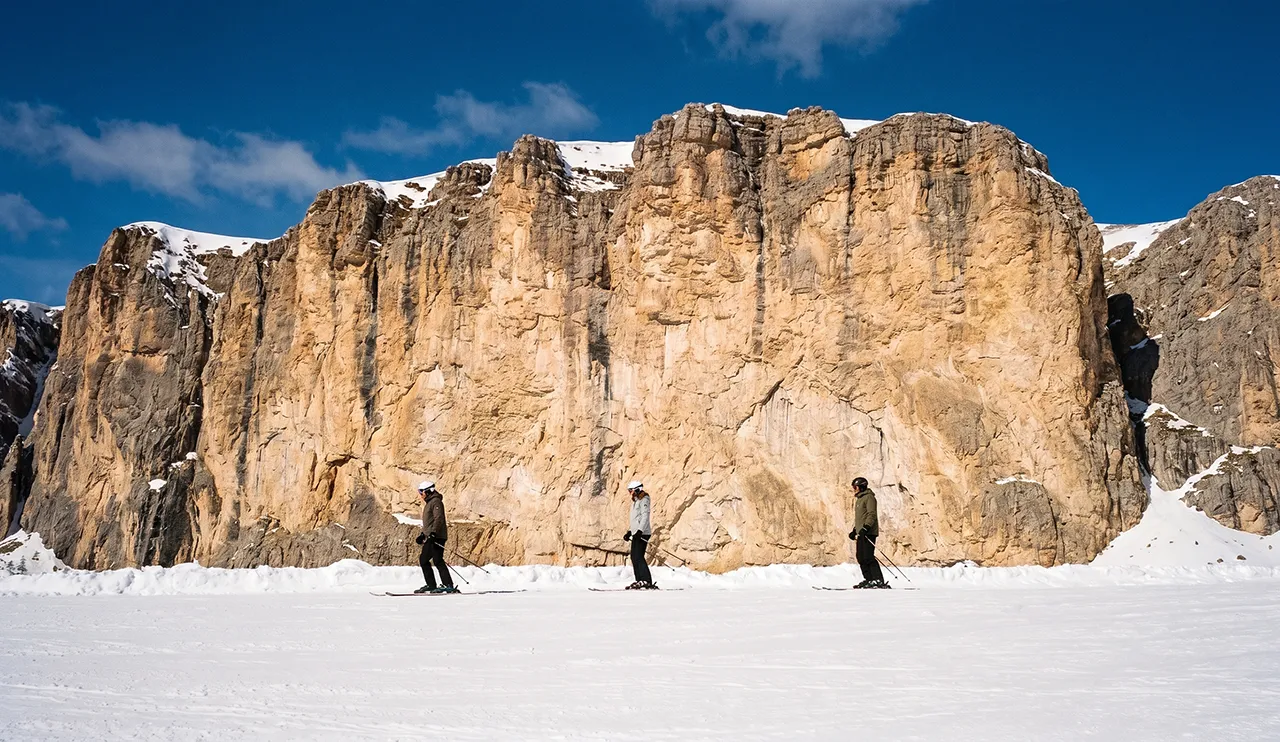 Limestone walls of the Dolomites above the pistes of Alta Badia